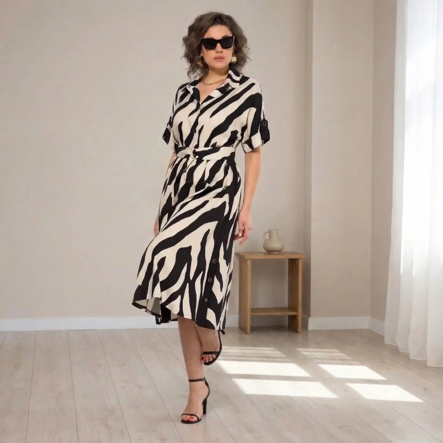 Women's Elegant Midi Shirt Dress | Button Front Relaxed Fit Casual Dress