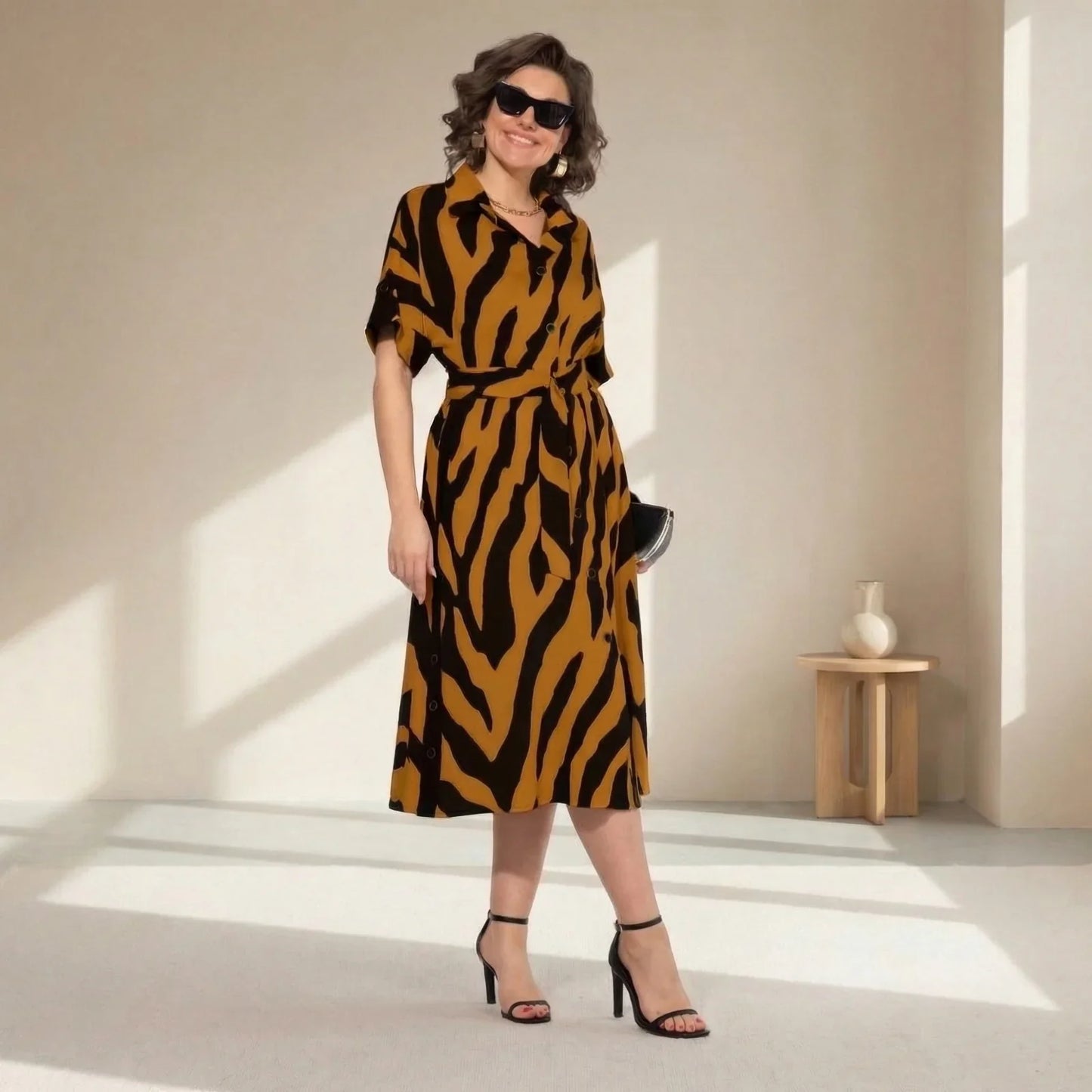 Women's Elegant Midi Shirt Dress | Button Front Relaxed Fit Casual Dress