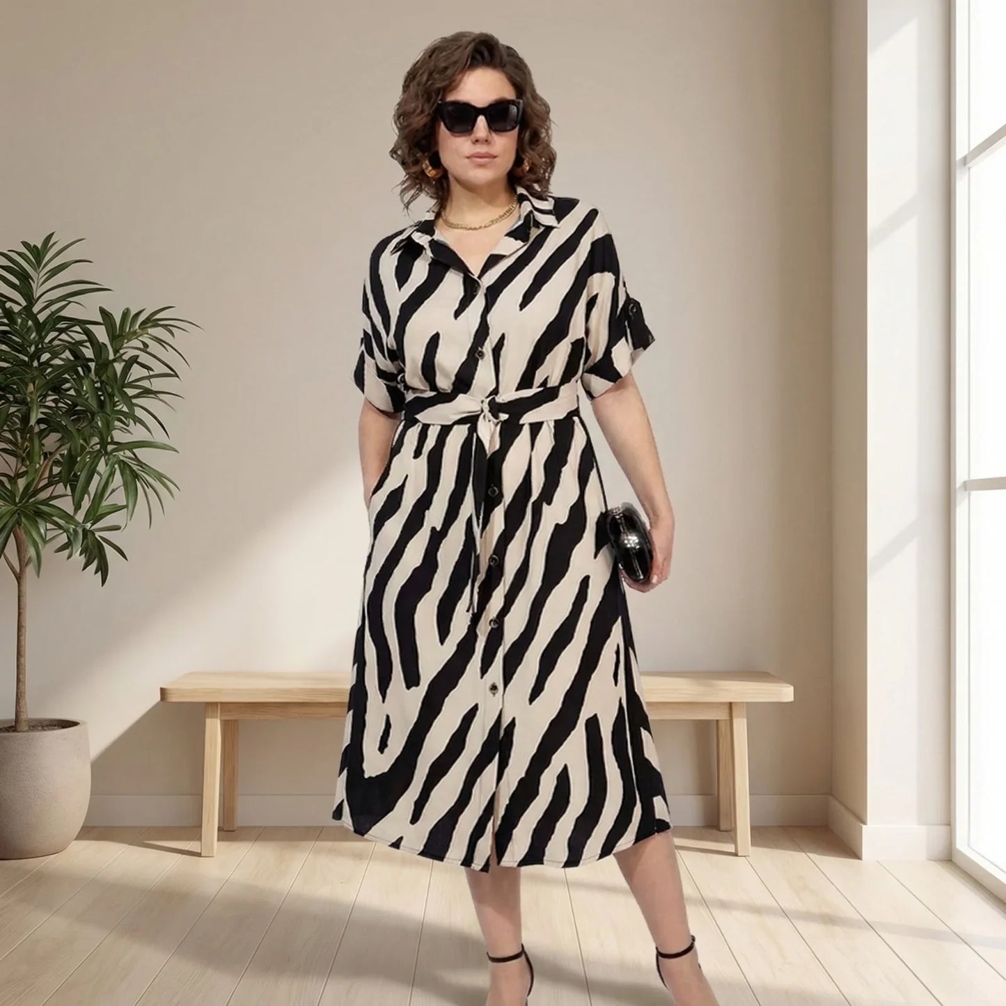 Women's Elegant Midi Shirt Dress | Button Front Relaxed Fit Casual Dress