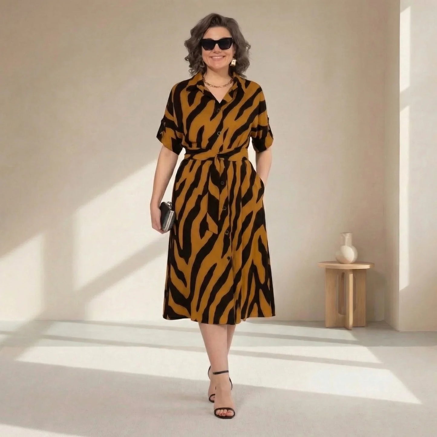 Women's Elegant Midi Shirt Dress | Button Front Relaxed Fit Casual Dress